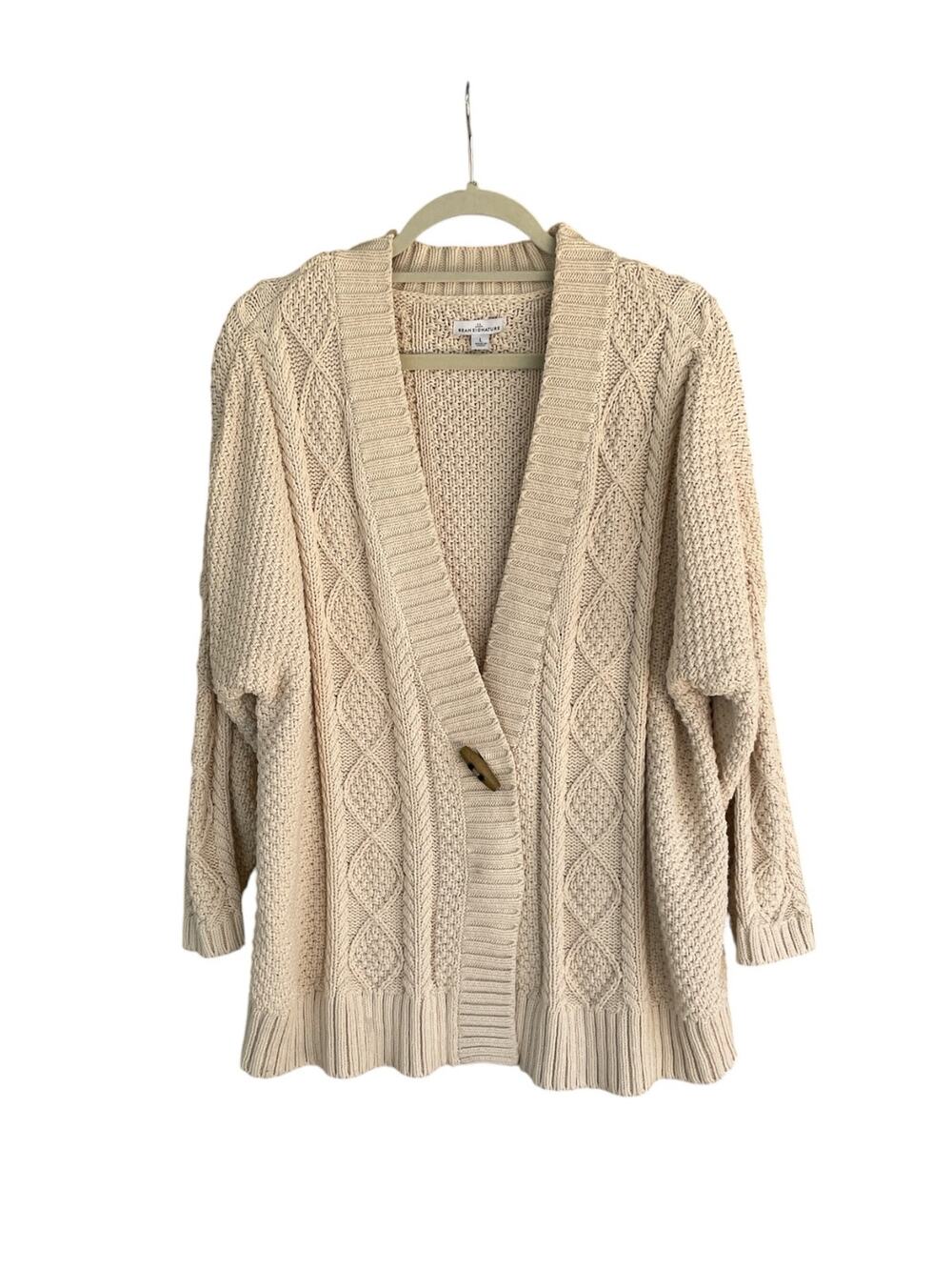 L.L. Bean Signature Sweater Cardigan Cotton Cable Knit Cream Size Large Button
